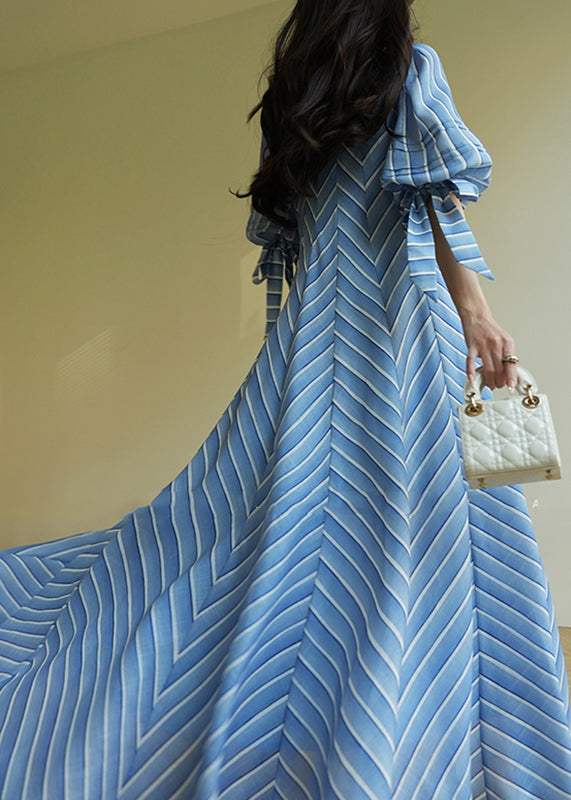 Original Design Blue V Neck Striped Long Dresses Short Sleeve