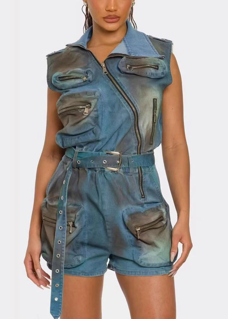 Original Design Blue Zip Up Pockets Sashes Denim Jumpsuit Summer