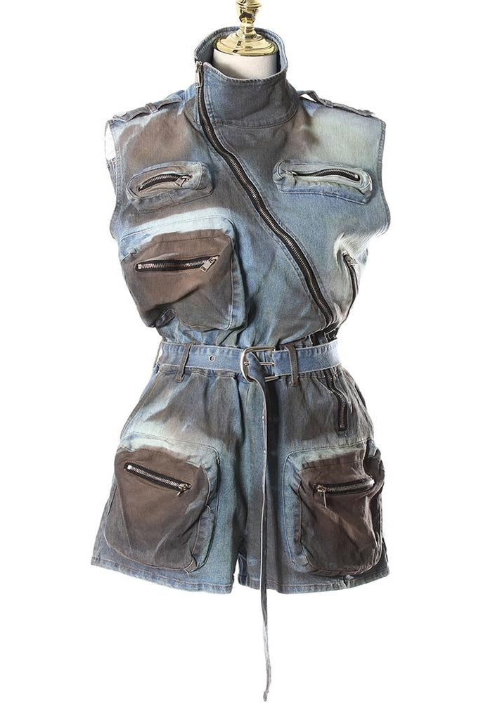 Original Design Blue Zip Up Pockets Sashes Denim Jumpsuit Summer