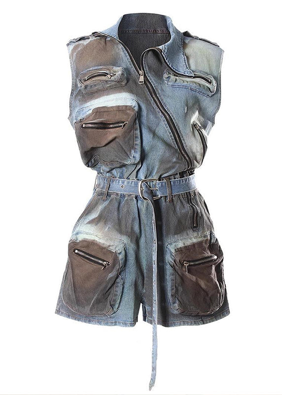 Original Design Blue Zip Up Pockets Sashes Denim Jumpsuit Summer