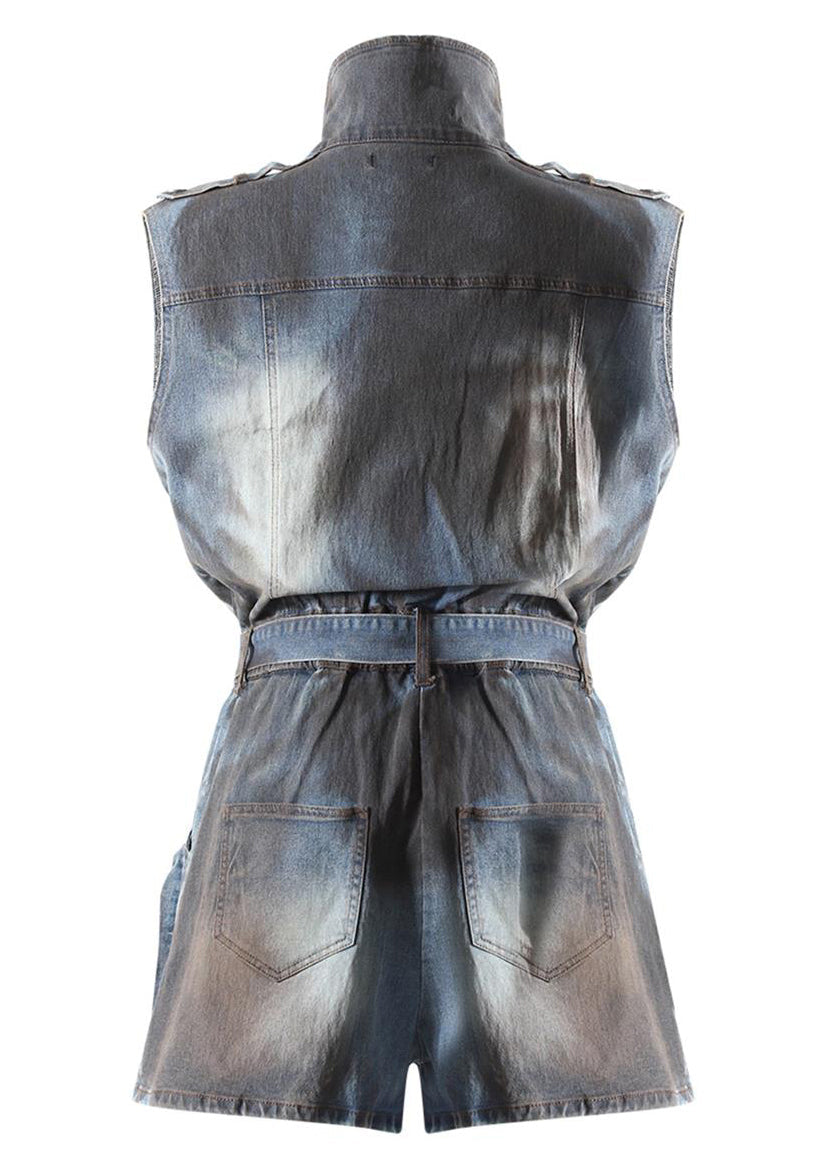 Original Design Blue Zip Up Pockets Sashes Denim Jumpsuit Summer