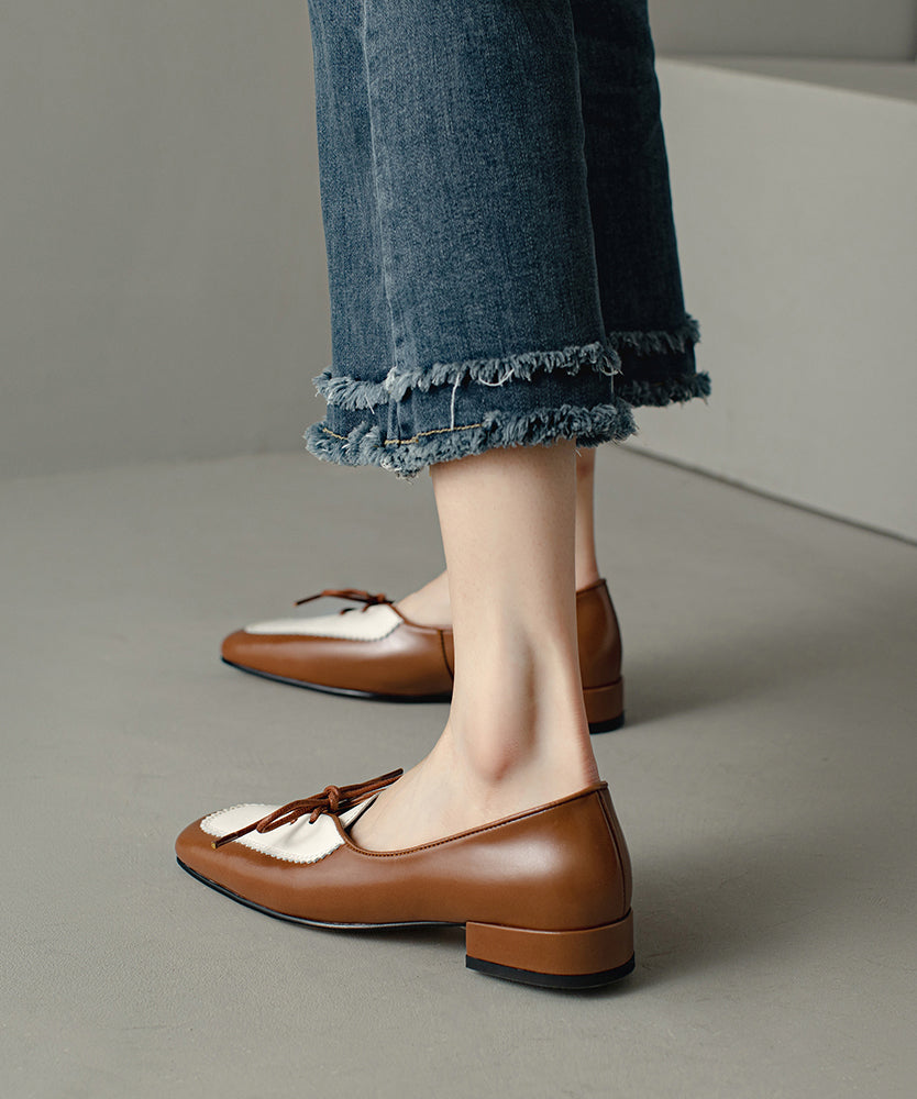 Original Design Brown Cowhide Leather Lace Up Splicing Flats