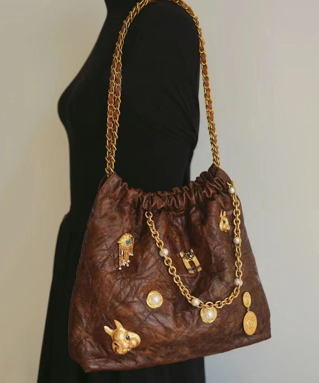 Original Design Brown Faux Leather Chain Linked Shoulder Bag