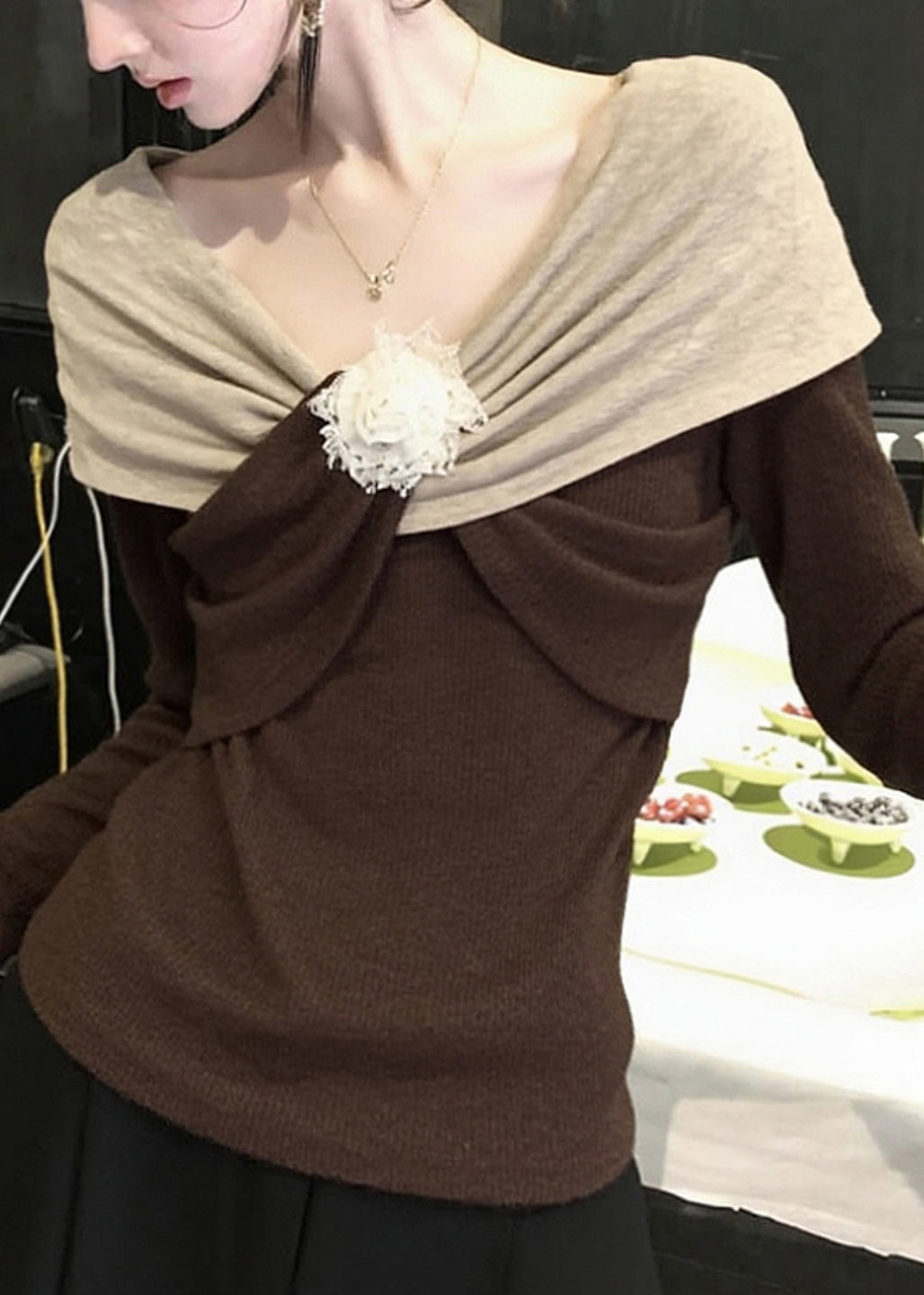 Original Design Brown Floral Patchwork Knit Sweaters Fall