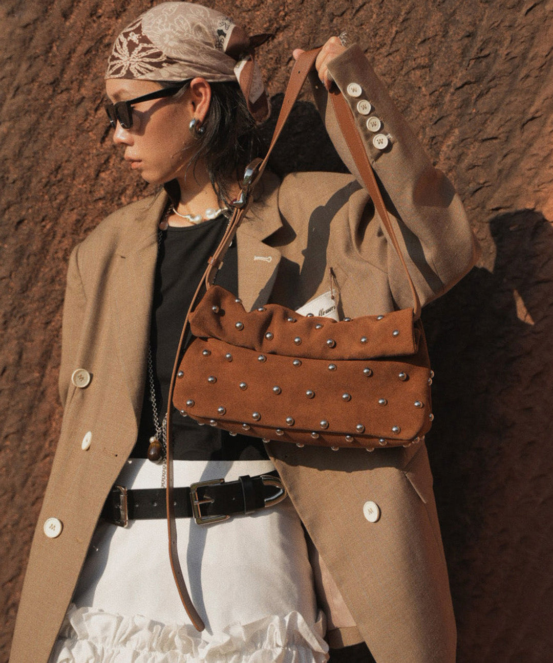 Original Design Brown Rivet Suede Shoulder Bag