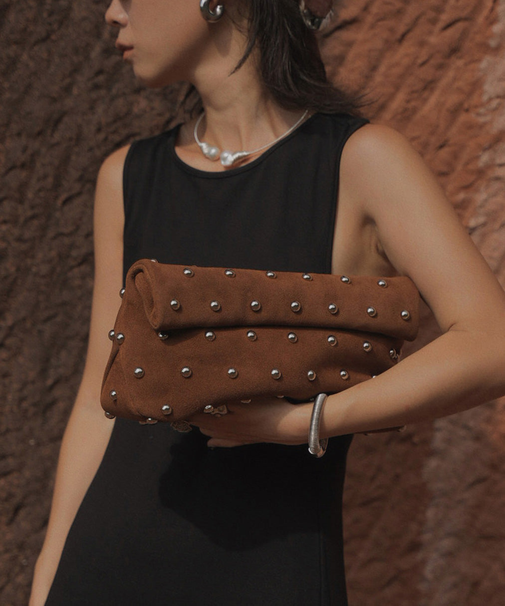 Original Design Brown Rivet Suede Shoulder Bag