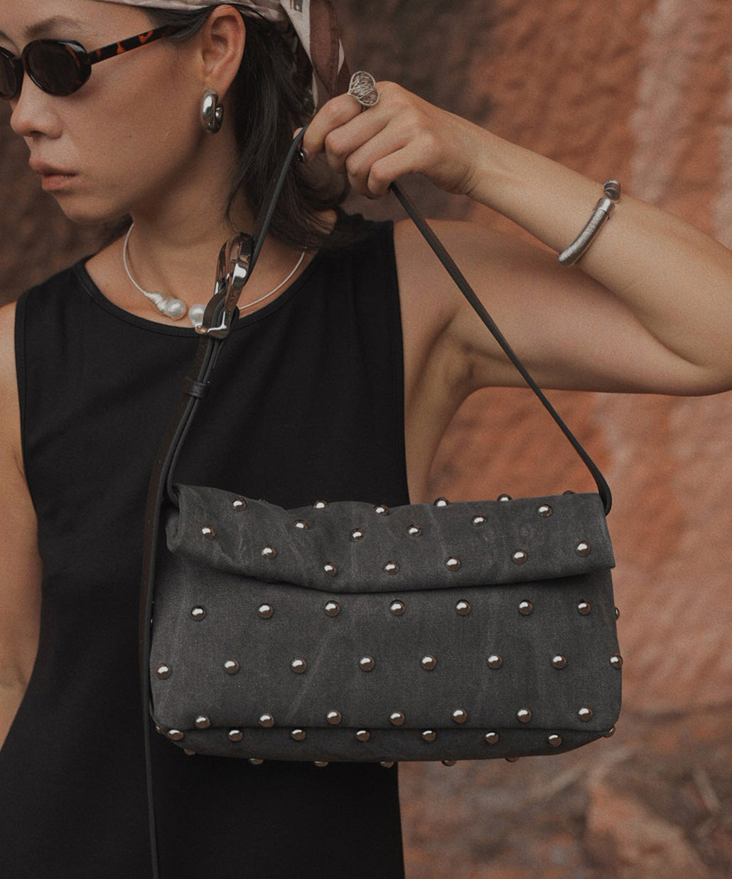 Original Design Brown Rivet Suede Shoulder Bag