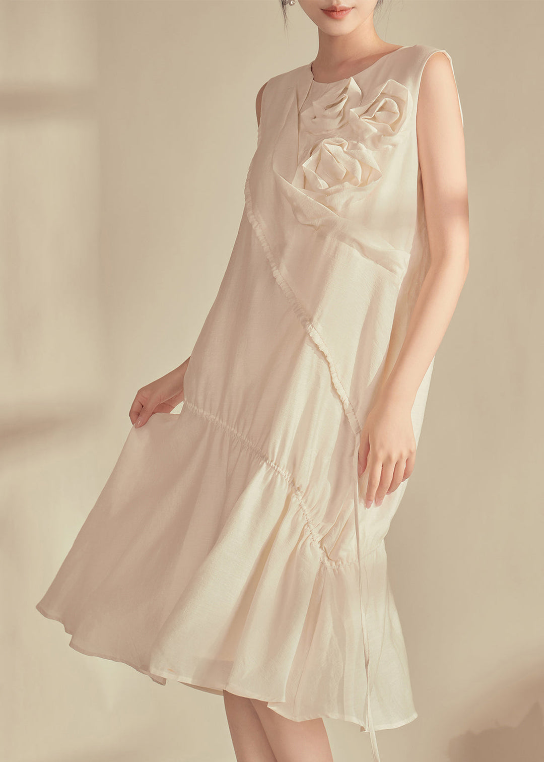 Original Design Champagne O-Neck Floral Patchwork Long Dresses Sleeveless