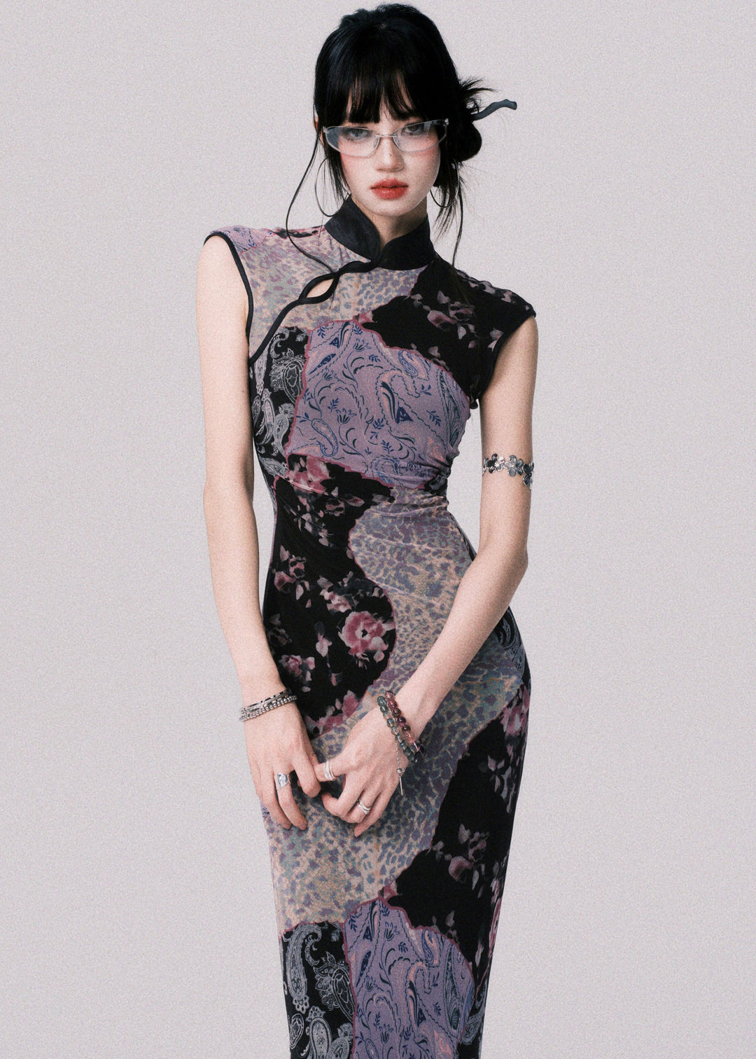 Original Design Chinese Style Stand Collar Print Tulle Maxi Dress Summer
