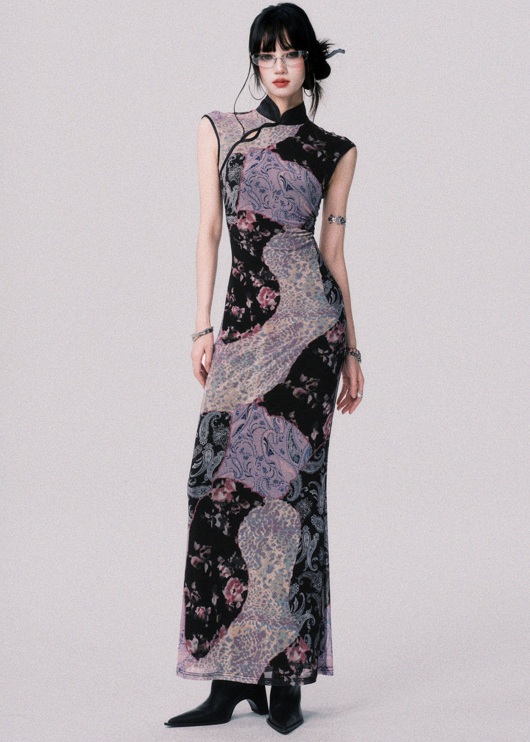 Original Design Chinese Style Stand Collar Print Tulle Maxi Dress Summer