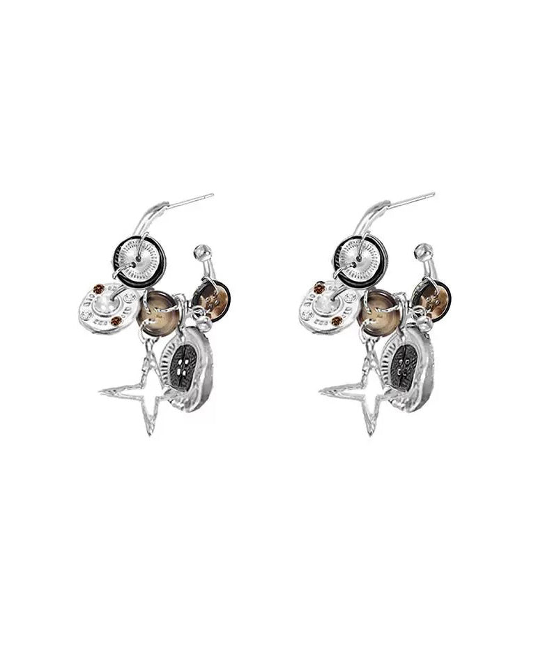 Original Design Coffee Metal Star Button Hoop Earrings