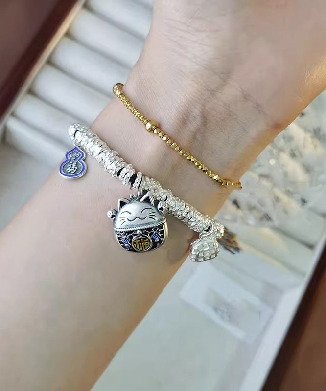Original Design Colorblock 925 Lucky Cat Broken Silver Charm Bracelet