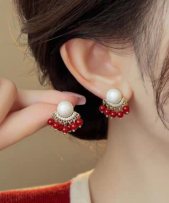 Original Design Colorblock Alloy Zircon Pearl Tassel Stud Earrings