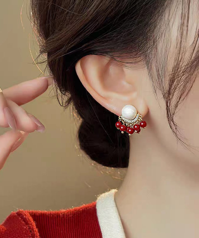 Original Design Colorblock Alloy Zircon Pearl Tassel Stud Earrings