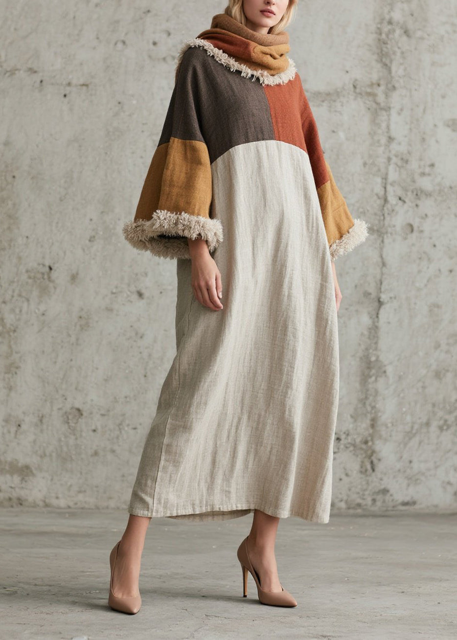 Original Design Colorblock Fuzzy Fur Patchwork Cotton Dress Fall