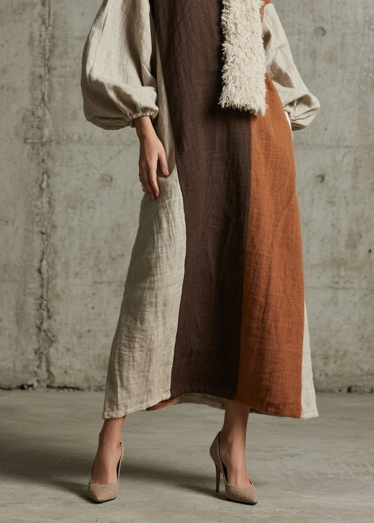 Original Design Colorblock Patchwork Cotton Long Dress Fall