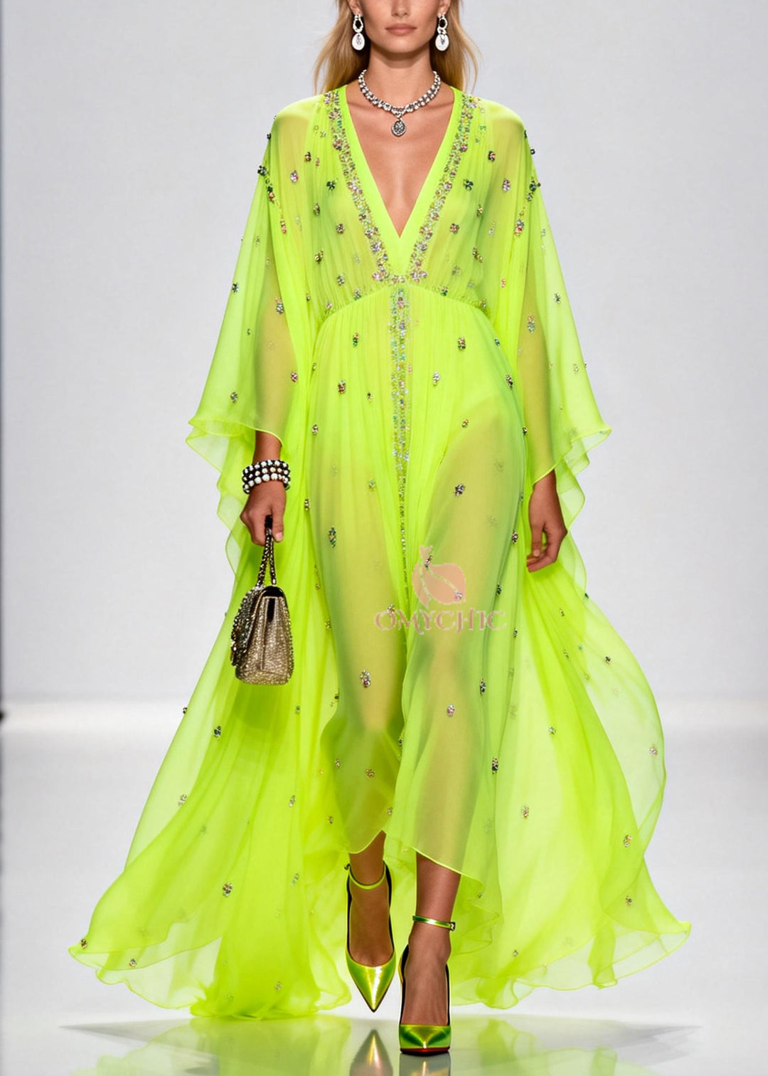 Original Design Fluorescent Green Rhinestone Exra Large Hem Chiffon Party Dresses Summer