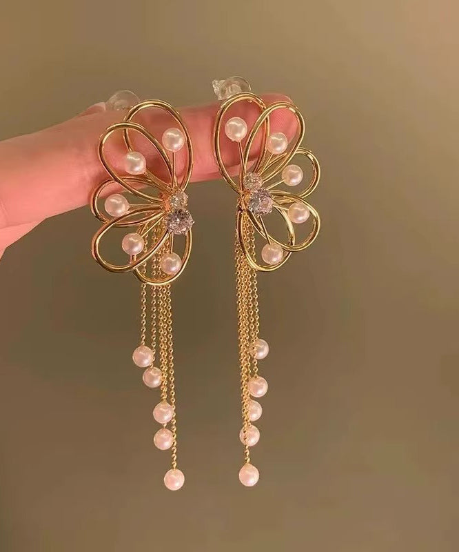 Original Design Gold Alloy Pearl Zircon Butterfly Hollow Out Tassel Drop Earrings