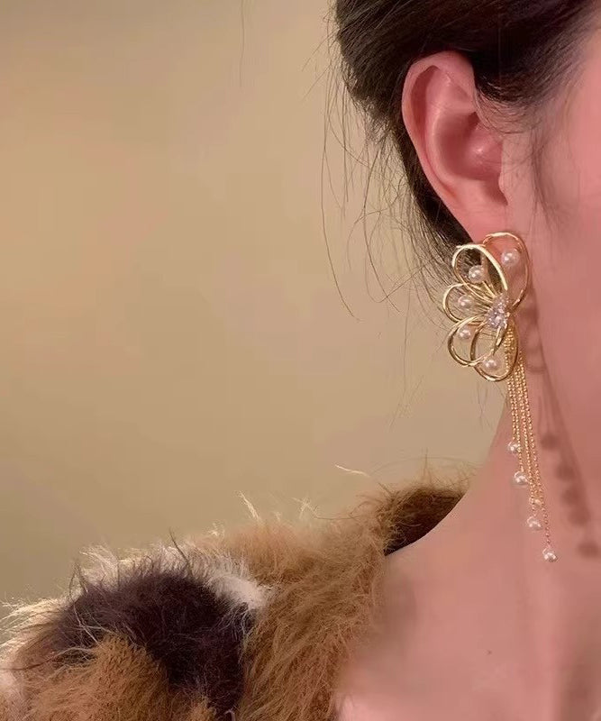 Original Design Gold Alloy Pearl Zircon Butterfly Hollow Out Tassel Drop Earrings