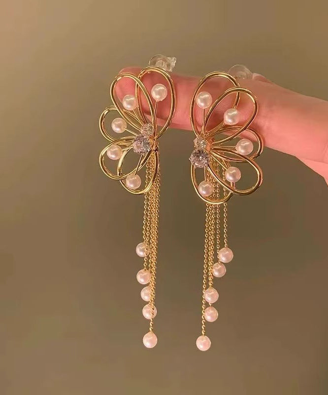 Original Design Gold Alloy Pearl Zircon Butterfly Hollow Out Tassel Drop Earrings