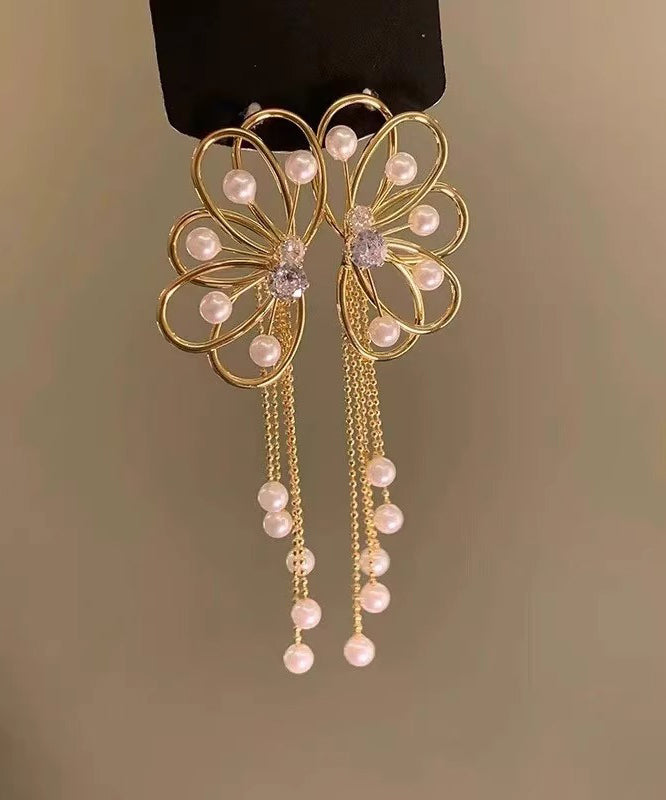 Original Design Gold Alloy Pearl Zircon Butterfly Hollow Out Tassel Drop Earrings