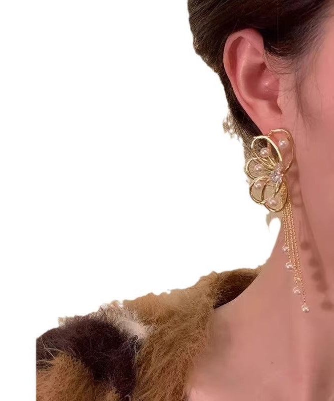 Original Design Gold Alloy Pearl Zircon Butterfly Hollow Out Tassel Drop Earrings