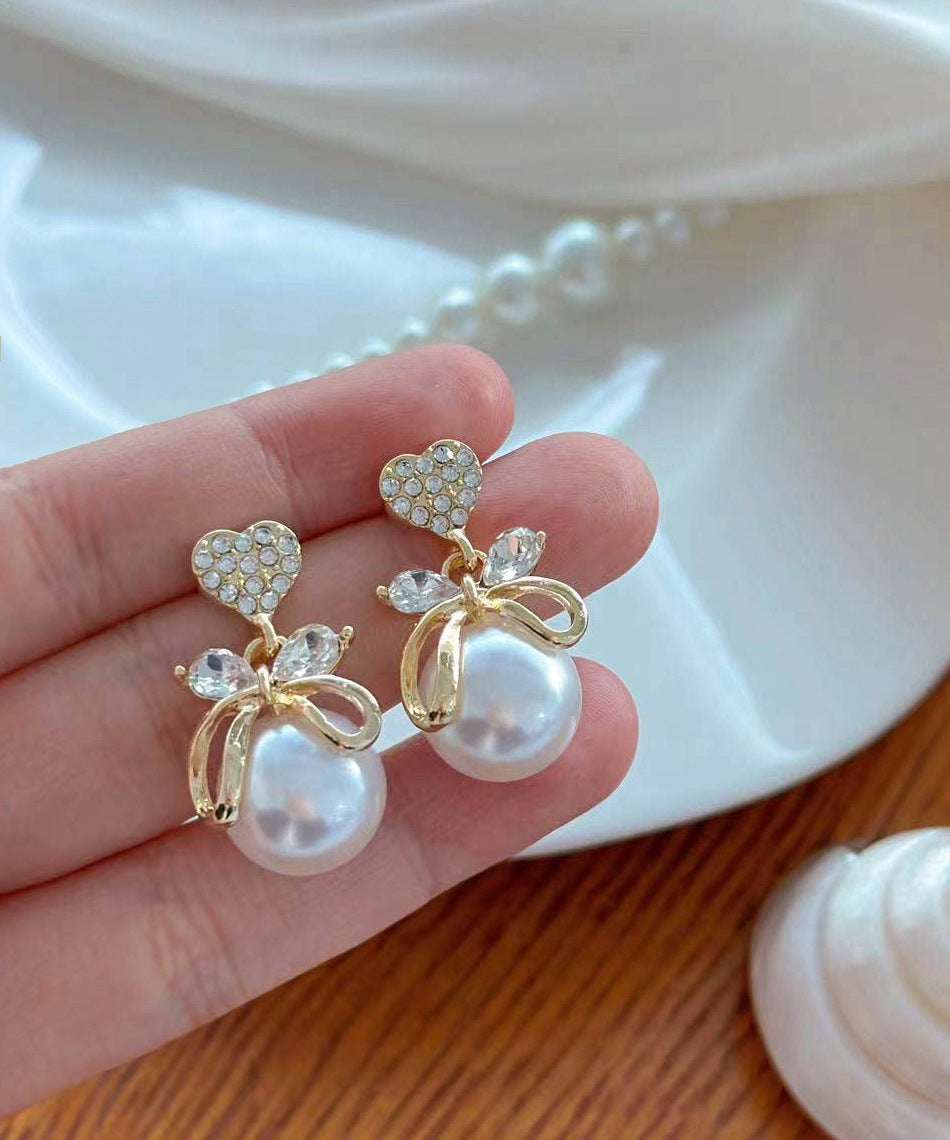 Original Design Gold Copper Alloy Zircon Pearl Bow Stud Earrings