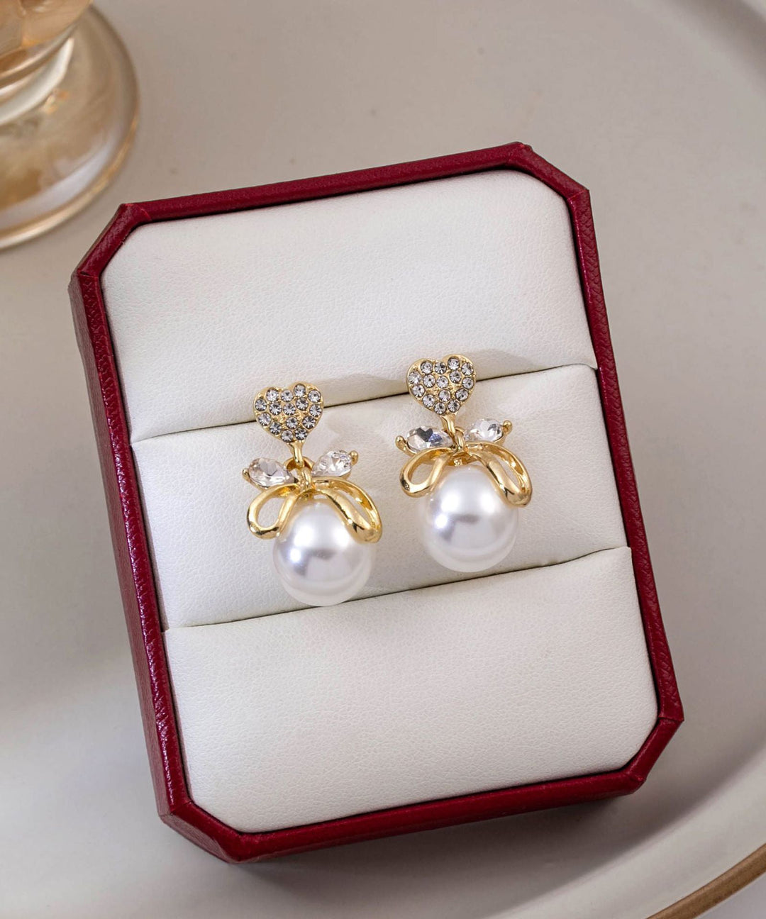 Original Design Gold Copper Alloy Zircon Pearl Bow Stud Earrings