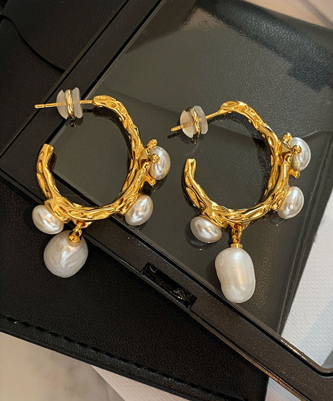 Original Design Gold Copper Overgild Pearl Hoop Earrings