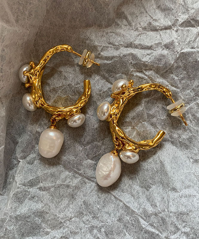 Original Design Gold Copper Overgild Pearl Hoop Earrings