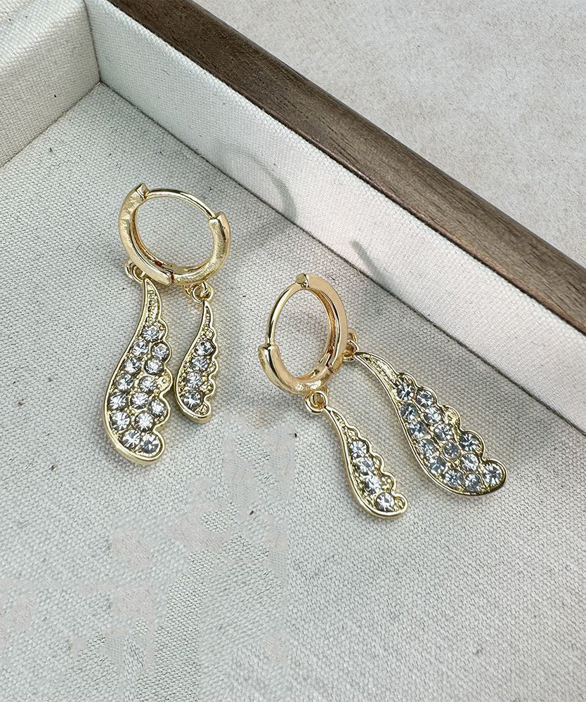 Original Design Gold Stainless Steel Zircon Water Droplet Wing Hoop Earrings