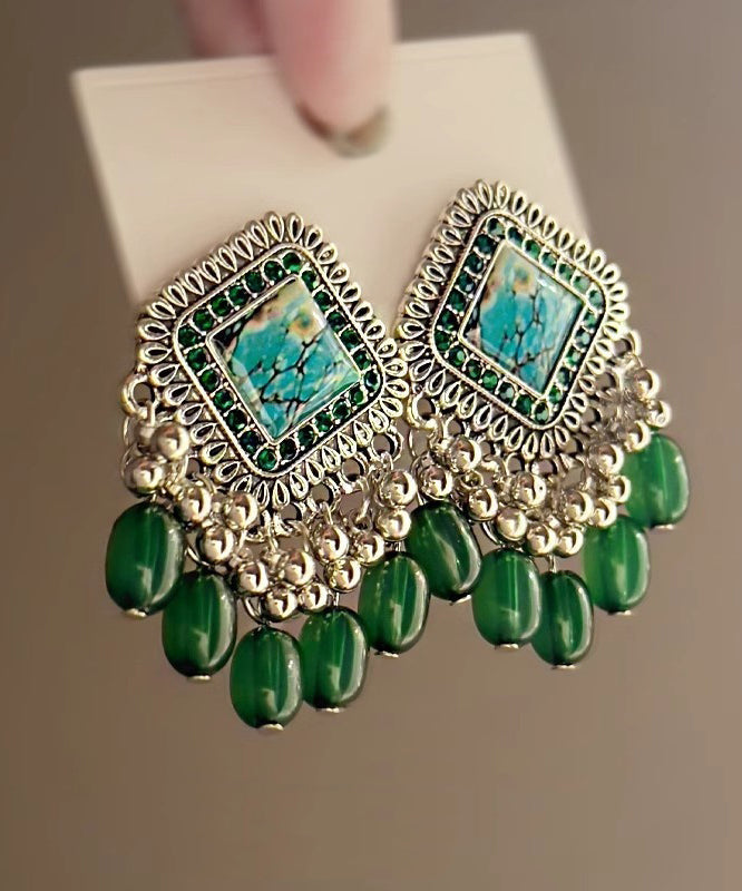Original Design Green Alloy Glass Beads Tassel Stud Earrings