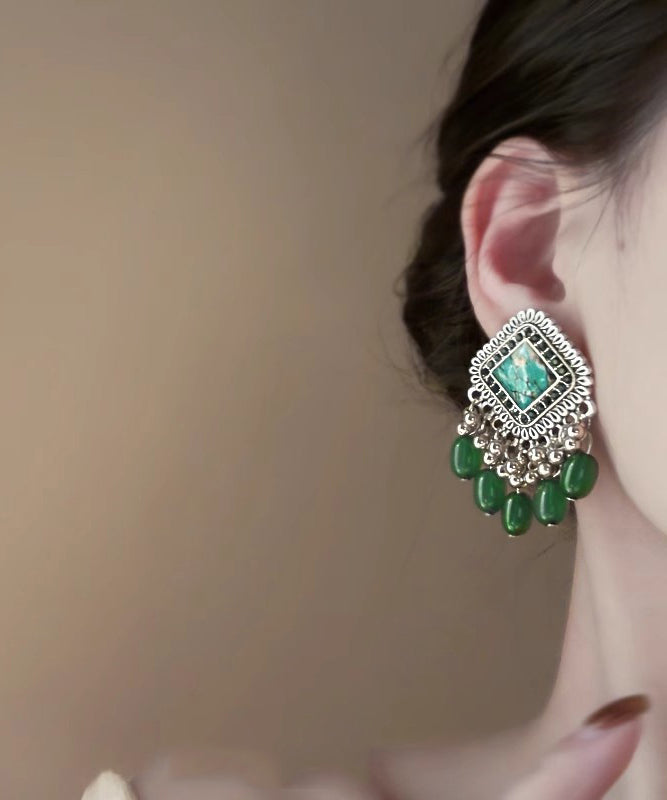 Original Design Green Alloy Glass Beads Tassel Stud Earrings