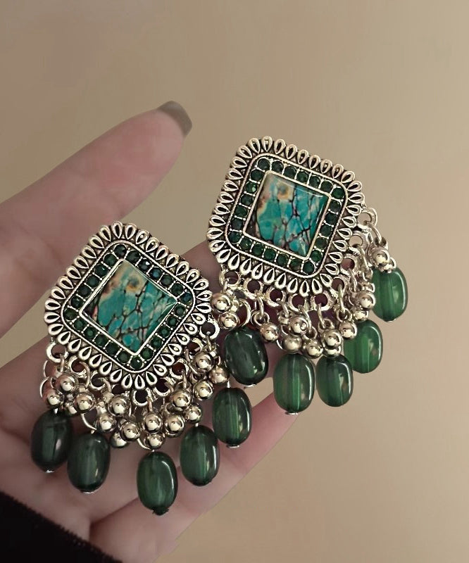 Original Design Green Alloy Glass Beads Tassel Stud Earrings