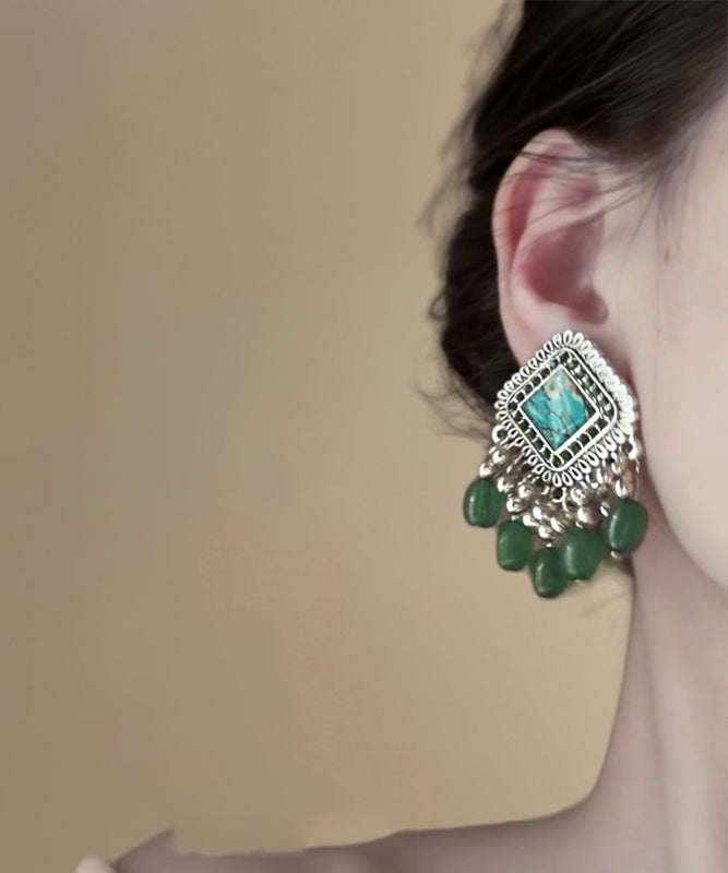 Original Design Green Alloy Glass Beads Tassel Stud Earrings