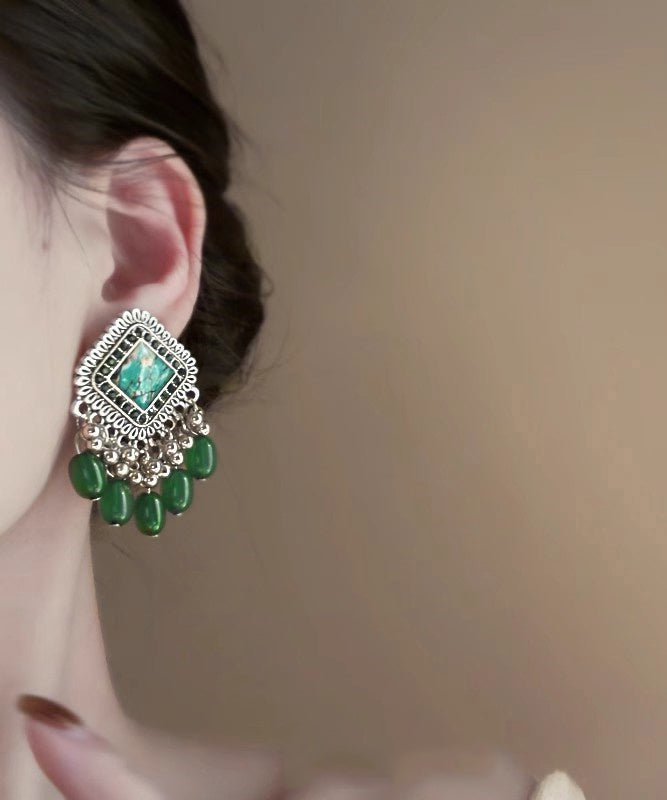 Original Design Green Alloy Glass Beads Tassel Stud Earrings