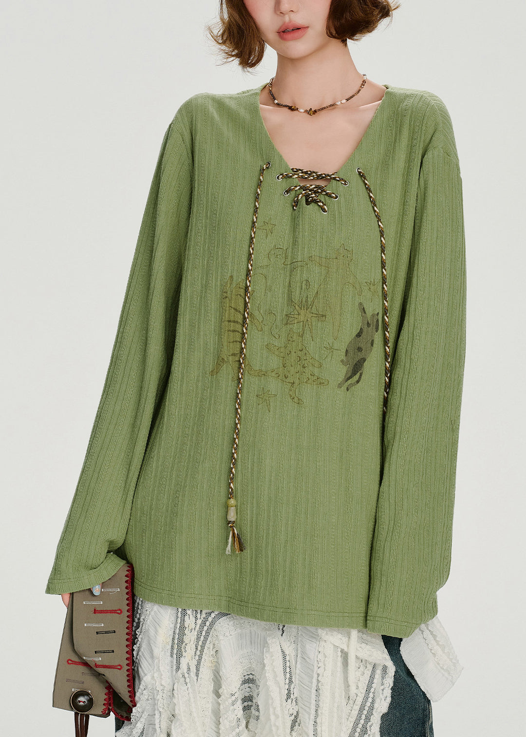 Original Design Green Lace Up Patchwork Cotton T Shirts Spring