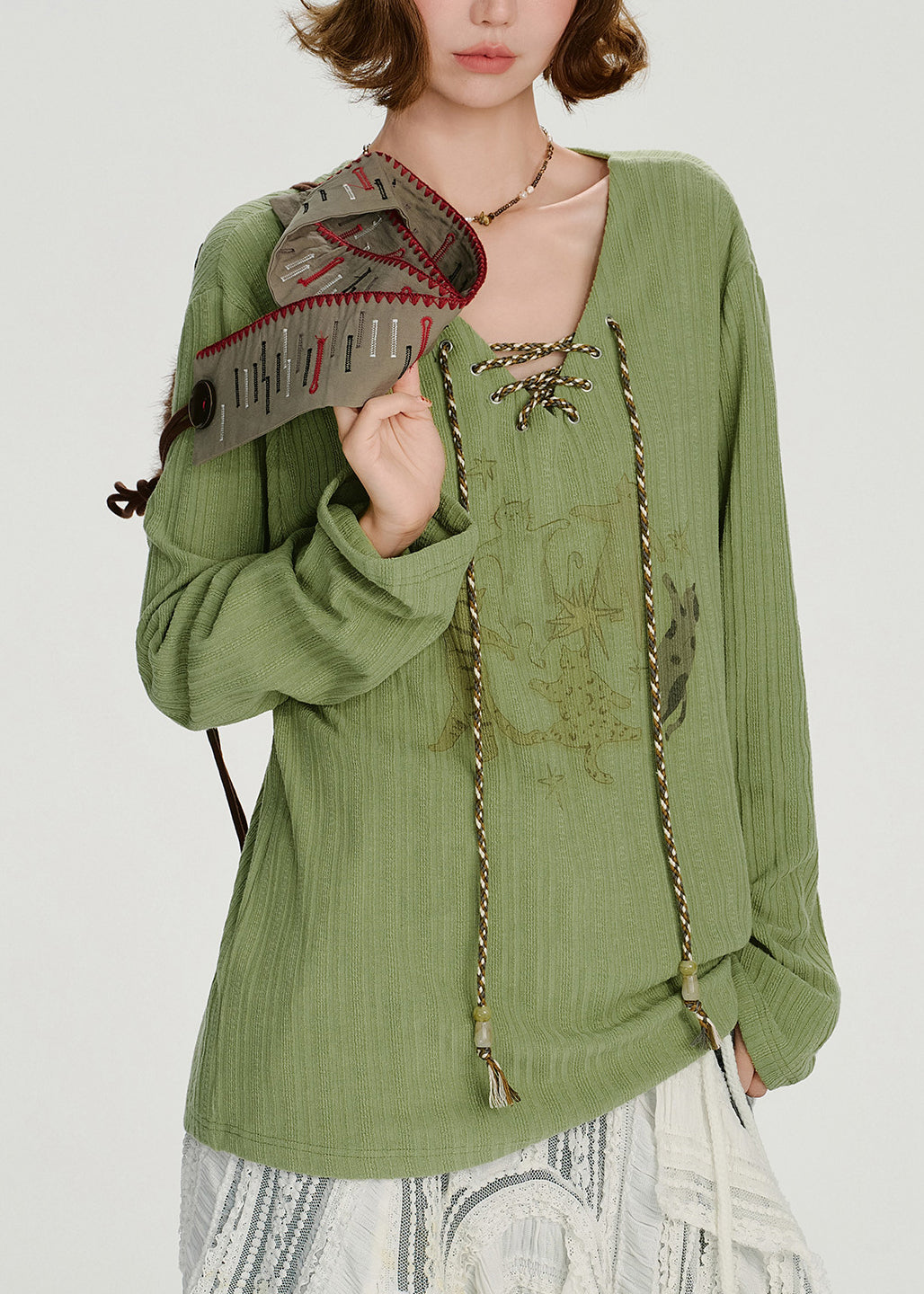 Original Design Green Lace Up Patchwork Cotton T Shirts Spring