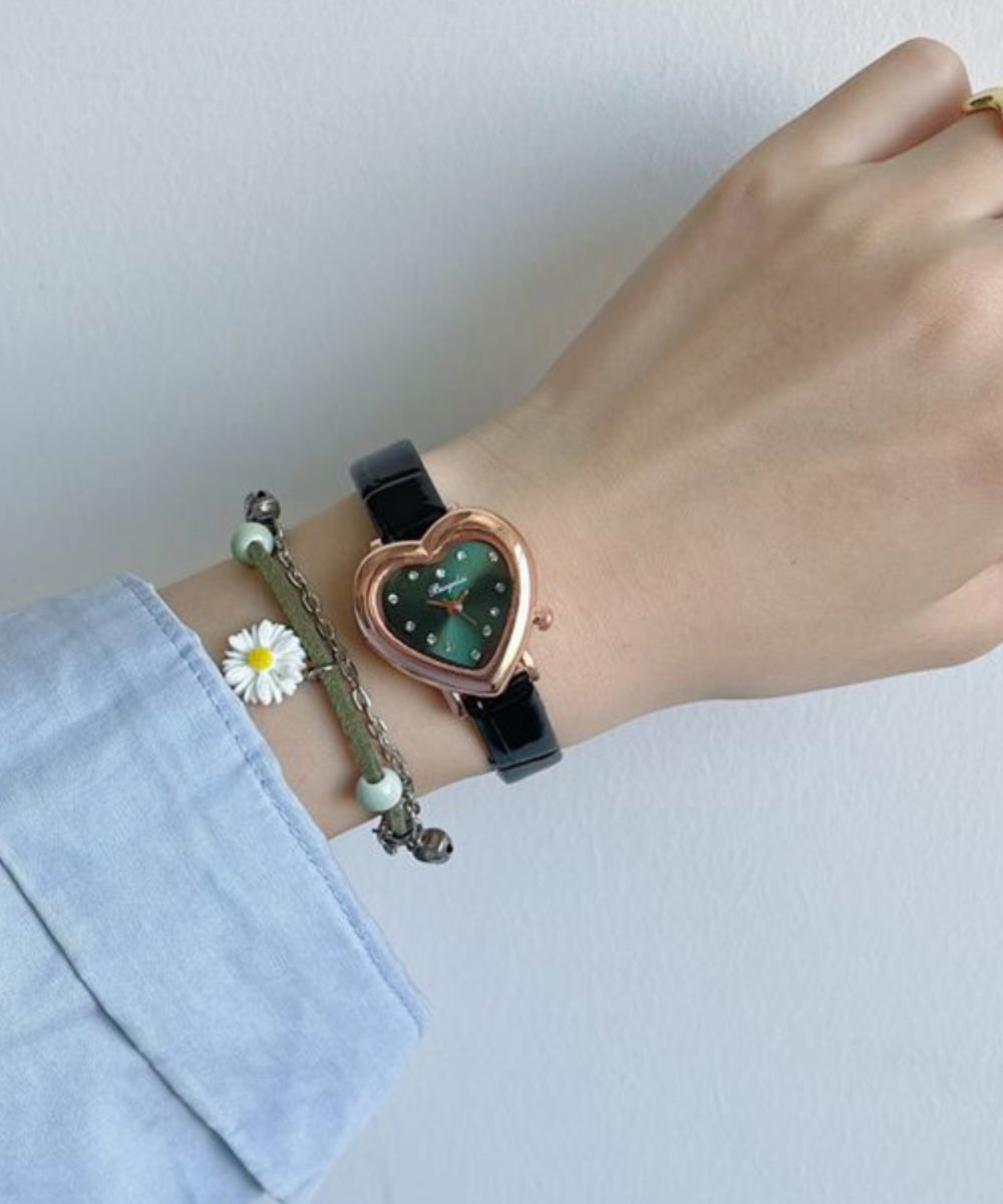 Original Design Green Leather Zircon Quartz Movement Love Watches