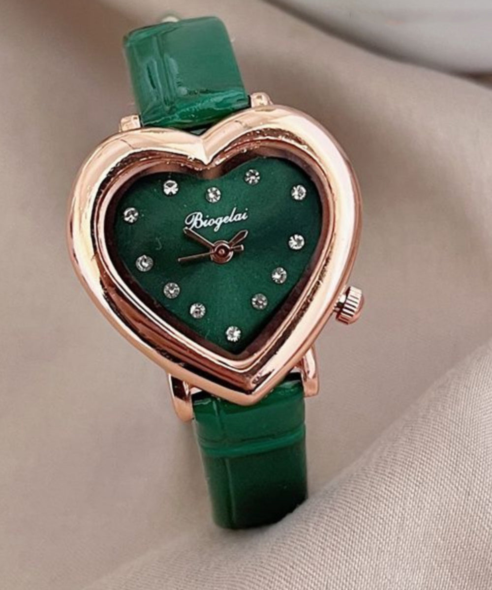 Original Design Green Leather Zircon Quartz Movement Love Watches