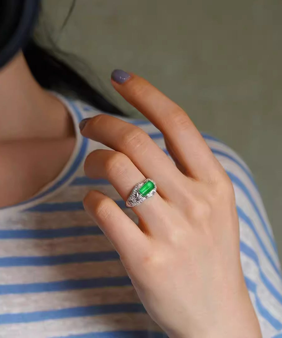 Original Design Green Metal Zircon Jade Rings