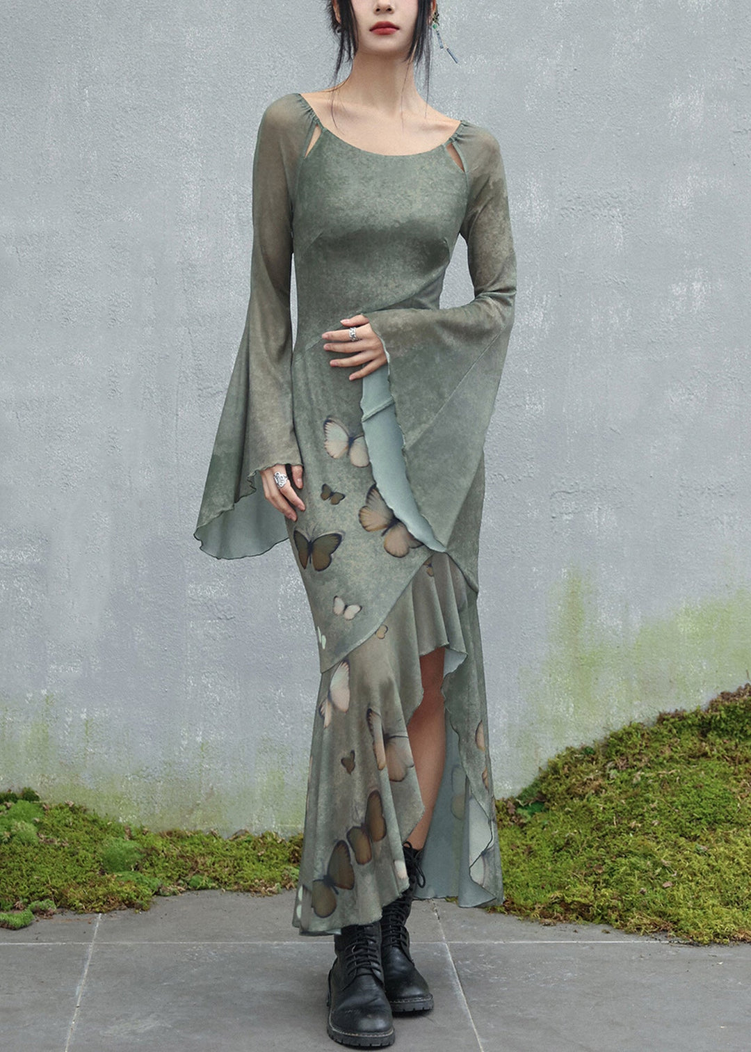 Original Design Green O-Neck Butterfly Tulle Maxi Dresses Flare Sleeve