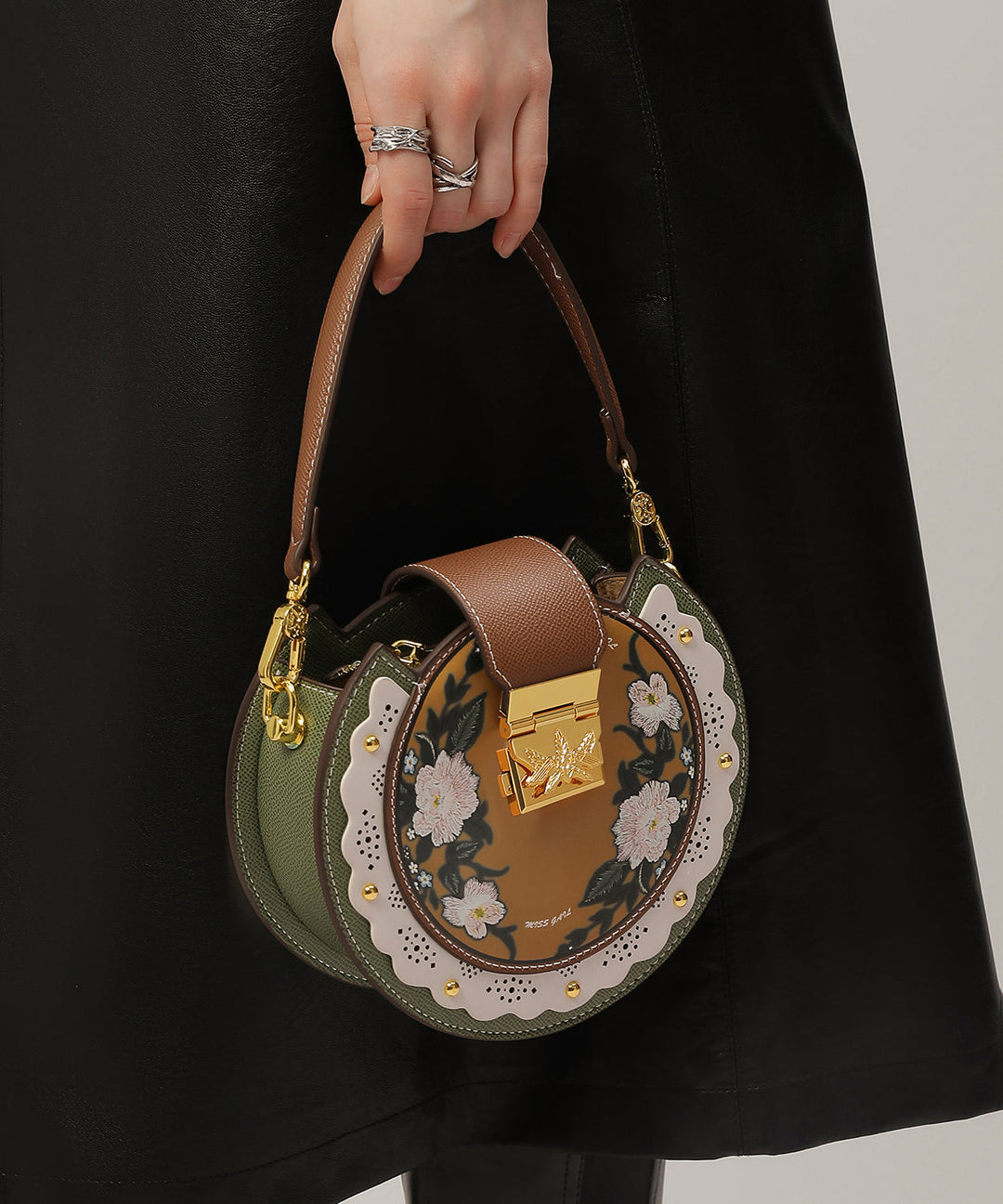 Original Design Green Print Patchwork Calf Leather Saddle Bag