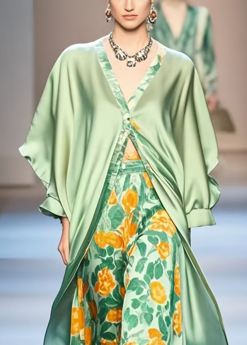 Original Design Green Print Silk Long Dress Batwing Sleeve