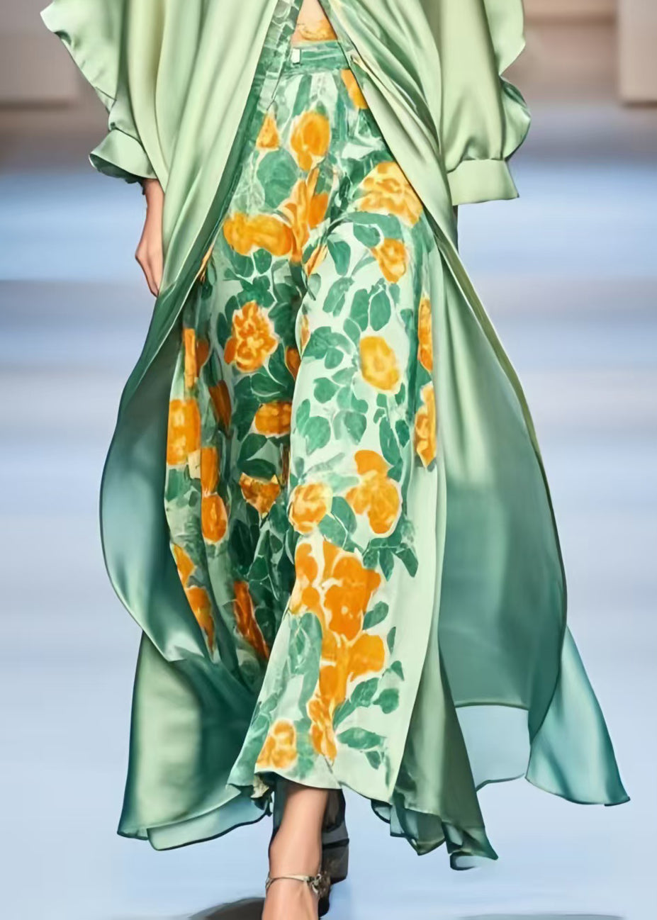 Original Design Green Print Silk Long Dress Batwing Sleeve