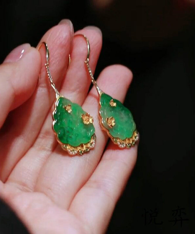 Original Design Green Sterling Silver Overgild Zircon Jade Lotus Leaf Drop Earrings