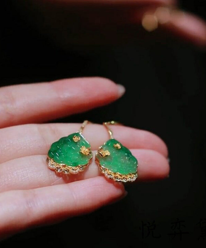 Original Design Green Sterling Silver Overgild Zircon Jade Lotus Leaf Drop Earrings