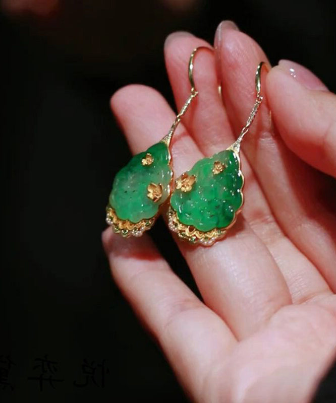 Original Design Green Sterling Silver Overgild Zircon Jade Lotus Leaf Drop Earrings