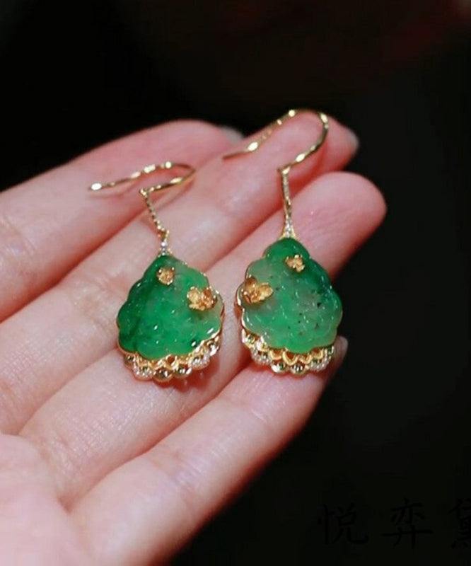 Original Design Green Sterling Silver Overgild Zircon Jade Lotus Leaf Drop Earrings