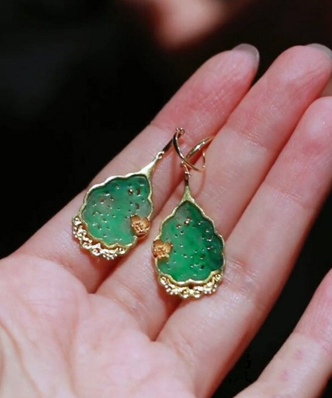 Original Design Green Sterling Silver Overgild Zircon Jade Lotus Leaf Drop Earrings